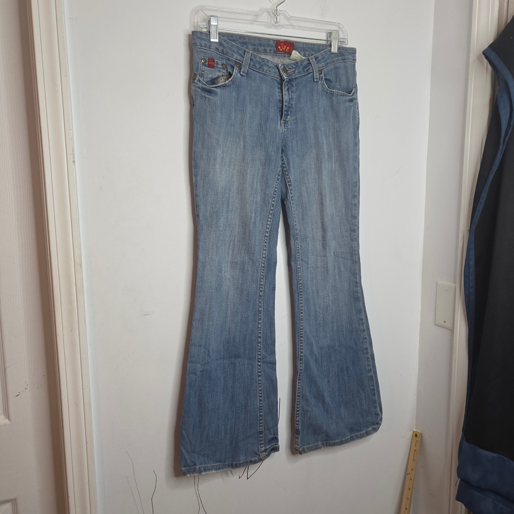 LEI Womens 5S Blue Denim Flare Jeans Low Rise Stretch Medium Wash Y2K 30x30